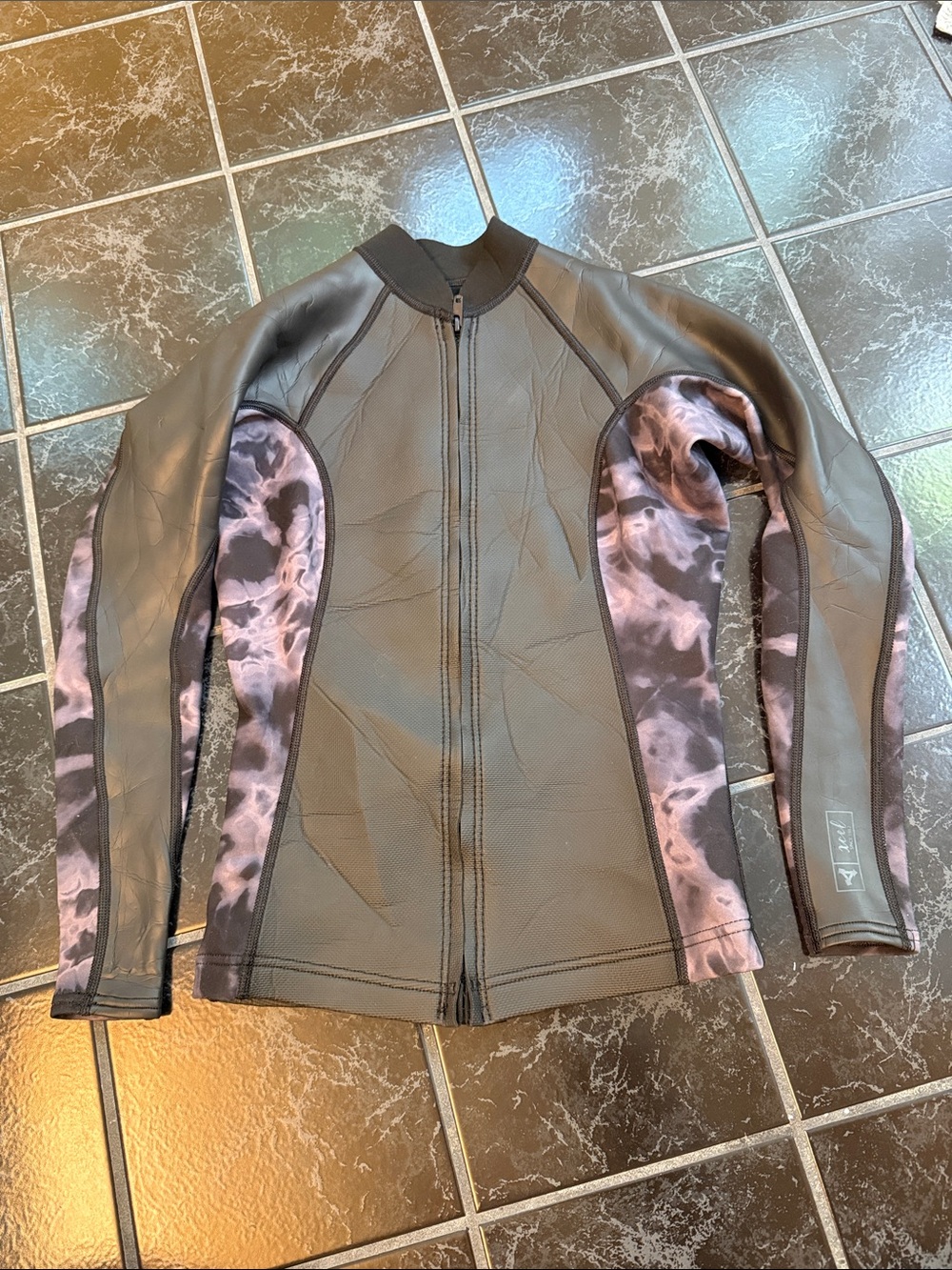 Black front zipper rash, guard top with Purple Tie-Dye Side Panels